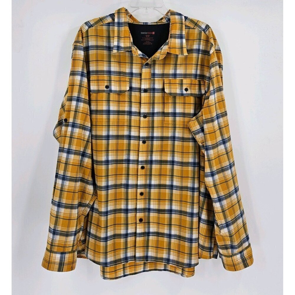 Swiss Tech Mens Sz 3XL Yellow Blue Plaid Button Front Long Sleeve Shirt